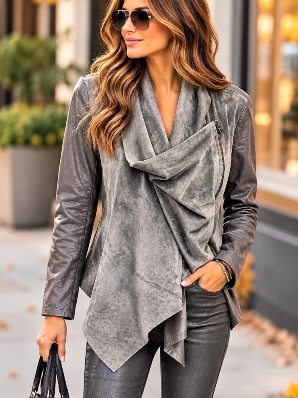 BLANKNYC Gray Faux Suede Leather Drape Front Moto Jacket Medium Asymmetrical
